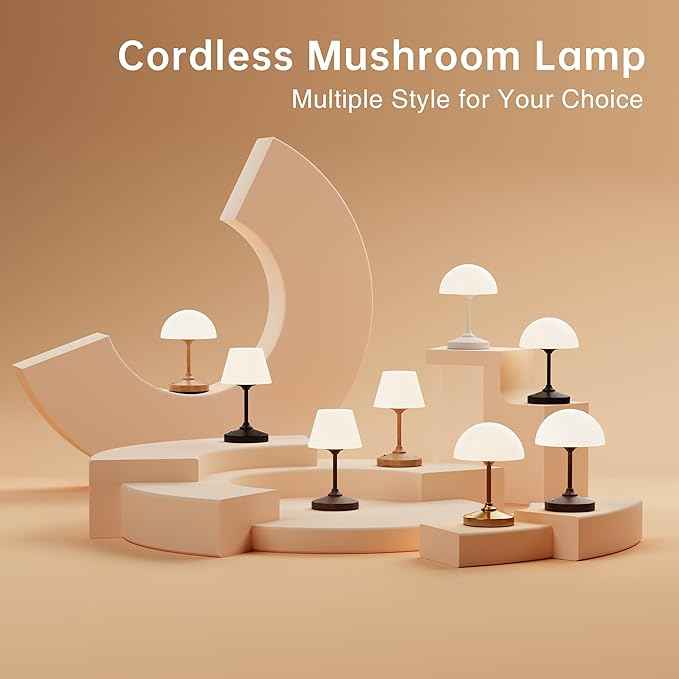 Mushroom Lamp Cordless Lamp Table Lamp,Outdoor Waterproof Shower Lamps,5000mAh Rechargeble Battery Operated Dimmable Touch Desk Lamps,LED Night Light for Bathroom Patio Camping Restaurant