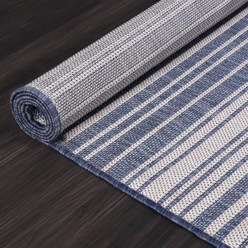 Stripe Outdoor Rug 10x14 Washable Outside Carpet for Indoor Patio Porch Waterproof Easy Cleaning Non Shedding Area Rugs Blue 10 x 14 (140 Sq Ft)