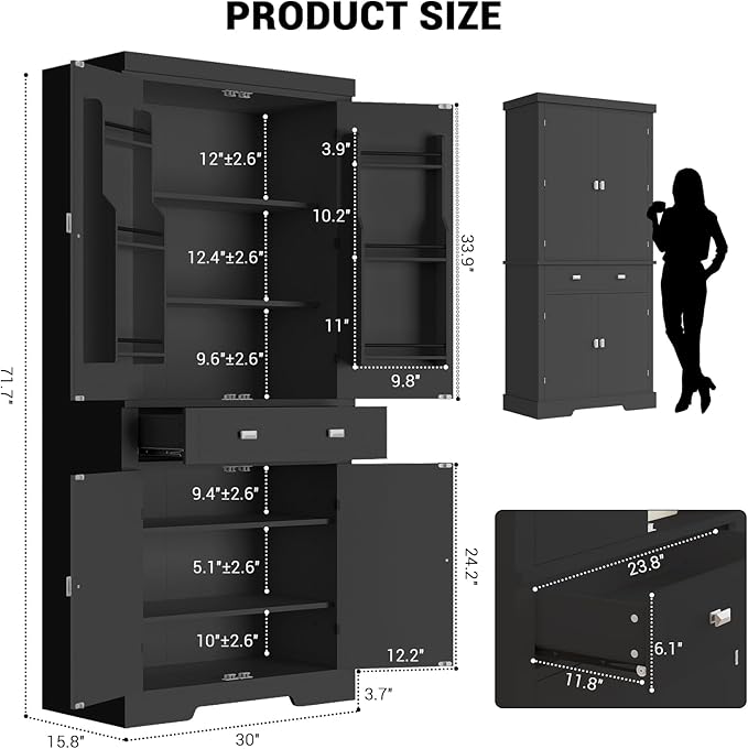 72" Tall Kitchen Pantry Cabinet with 6 Door Shelves, 2 Cabinets & 4 Adjustable Shelves, Freestanding Storage Cabinet for Kitchen, Living Room, Dining Room, Black