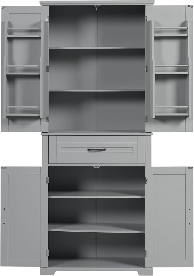 72.2" Storage Cabinet with Doors and Drawers, Tall and Wide Kicthen Pantry Cupboard Home Display Organizer with Door Shelf Rack for Bathroom, Adjustable Shelf, Gray