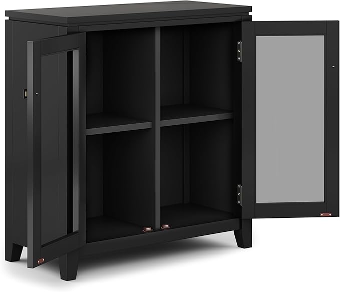 SIMPLIHOME Cosmopolitan Storage Cabinet - 30 inch Wide Solid Wood Low Cabinet in Black, Contemporary Console for Entryway, Living Room, or Dining Room with Glass Doors and Adjustable Shelves