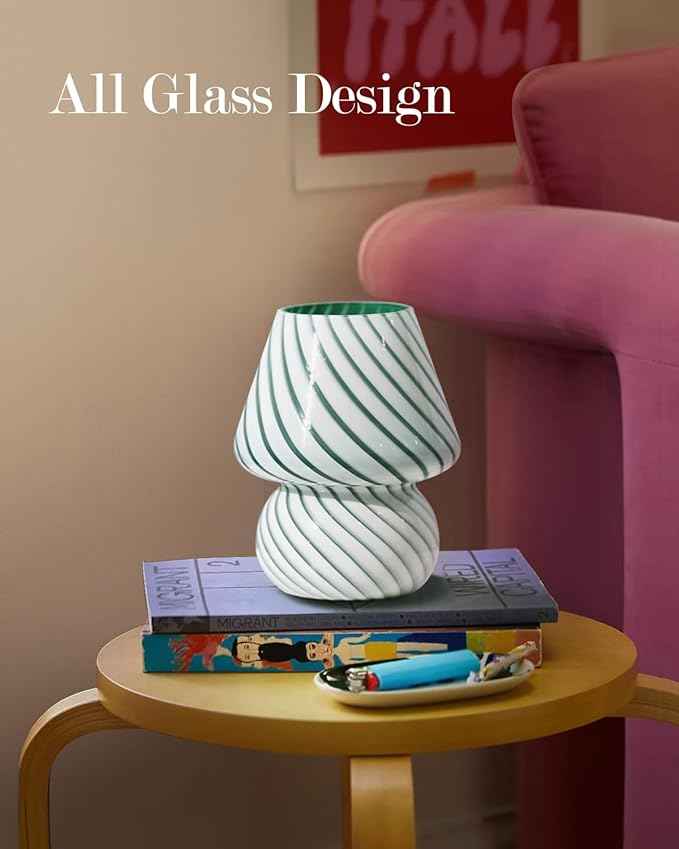ONEWISH Mushroom Lamp - Small Table Lamp with Striped Glass, Nightstand Lamp for Bedroom, Living Room, Cafe, Office, Bulb Included, for Girls Women Birthday Christmas Thanksgiving, Sage Green