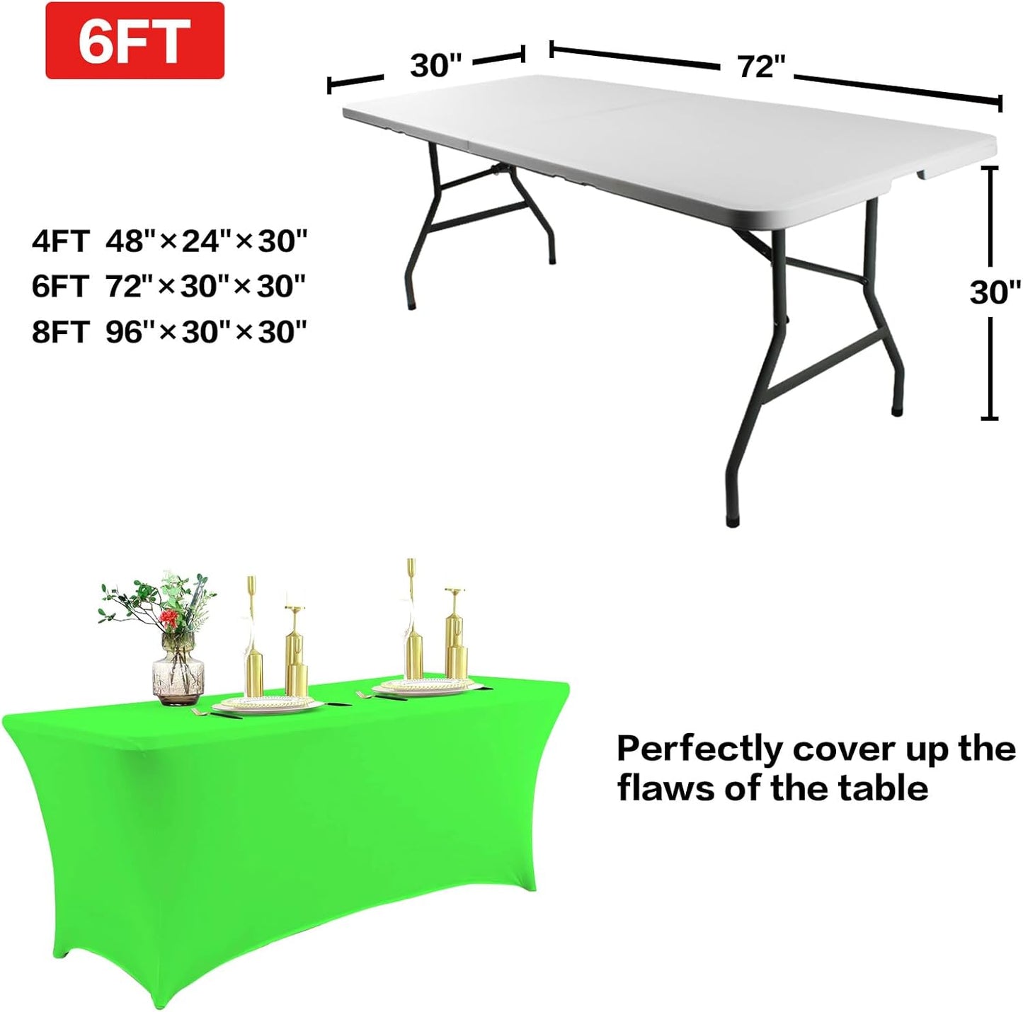 IVAPUPU 2 Pack 8FT Table Cloth for Rectangular Fitted Events Stretch Green Table Covers Washable Spandex Tablecloth Protector for Party, Wedding, Cocktail, Banquet, Festival