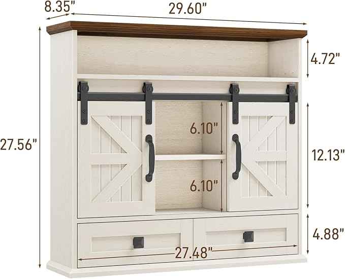 Vabches Bathroom Wall Cabinet, Farmhouse Medicine Cabinet with Double Sliding Barn Door and Storage Drawer, Wooden Vintage Storage Cabinet Wall Mounted for Bathroom, Kitchen, Rustic White and Brown