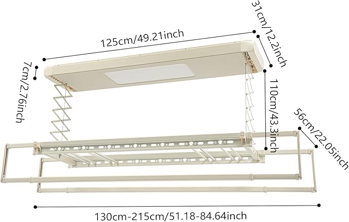 Electric Retractable Airing Rack Off-White Color, Ceiling Clothesline 77lbs Load, Ceiling Mounted Clothes Drying Rack 24W with Remote and Light for Laundry Balcony (Off-White Color)