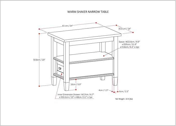 SIMPLIHOME Warm Shaker End Table - 14 inch Wide Solid Wood Narrow Side Table in White, Transitional Accent Table for Living Room or Bedroom with Drawer, Open Shelf and Square Tapered Legs