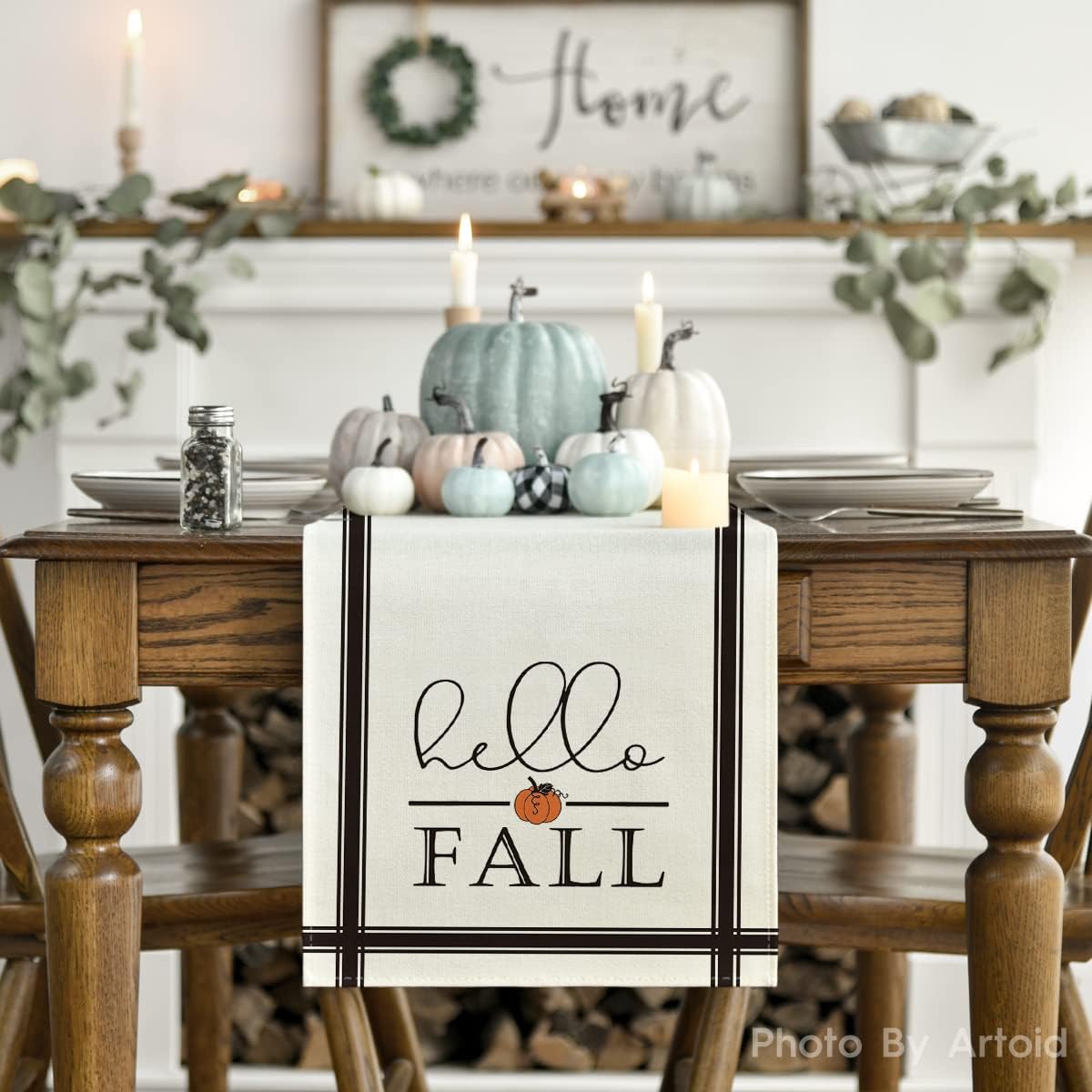 Artoid Mode Hello Fall Pumpkin Table Runner, Seasonal Harvest Vintage Thanksgiving Kitchen Dining Table Decoration for Indoor Outdoor Home Party Decor 13 x 108 Inch