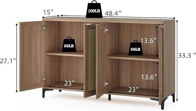 Sideboard Buffet Cabinet with Storage, 4 Doors Rattan Kitchen Cabinet with Adjustable Shelf, Accent Sideboard Entryway Console Table for Living Room, Natural