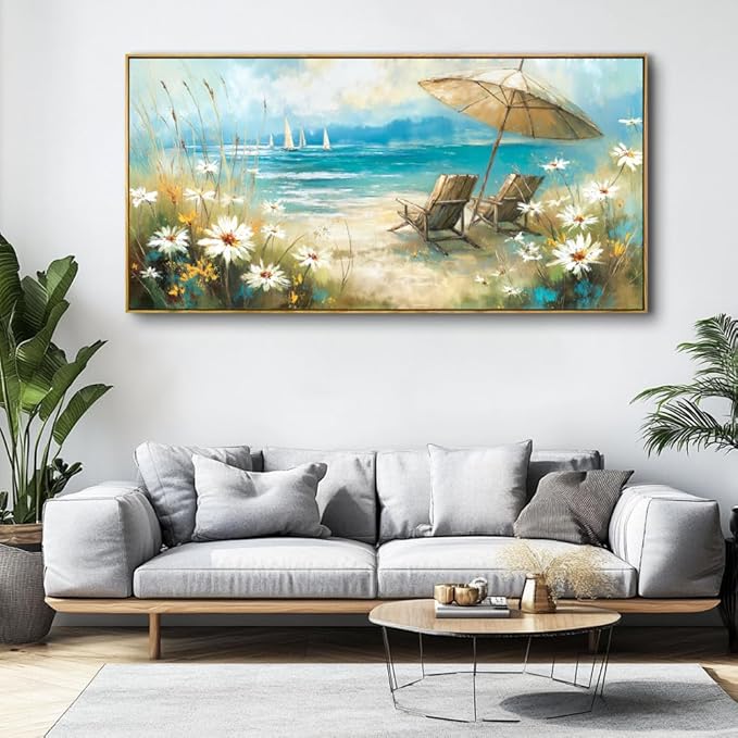 Beach Landscape Wall Art - Framed Modern Canvas Painting for Living Room, Bedroom Home Office Decor, 40x20 Inch Ready to Hang