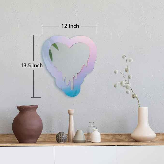 Irregular Wall Mirror Wavy Acrylic Rainbow Mirror Room Decor Aesthetic Mirrors Amorphic Vanity Retro Mirrors for Bedroom Living Room Bathroom Entryway Wall Decor, (Melting Heart Style, 13.5 x 12 Inch)