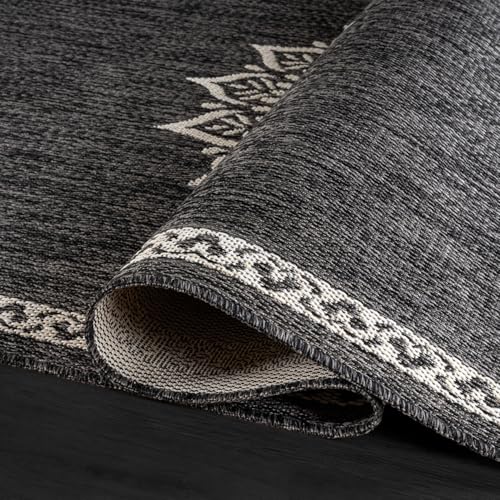 Outdoor Rug 9x12 Medallion Darkgray Modern Large Area Rugs for Indoor and Outdoor Patios Kitchen and Hallway Mats Washable Porch Deck Outside Carpet (108 Sq Ft)