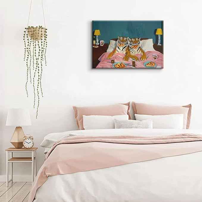 LSXARTQQ Funny Tiger Eating Pizza in Bed Wall Art Vintage Fun Tigers Couple Canvas Wall Decor Maximalist Blue Pink Jungle Animal Paintings Eclectic Whimsical Bedroom Picture Print(12x16inch)