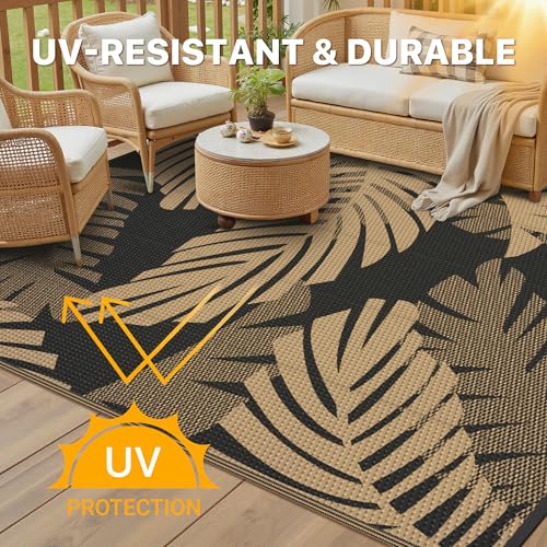 Outdoor Rug Waterproof Plastic Rugs 10'x14' for Camping Black Brown (140 Sq Ft)