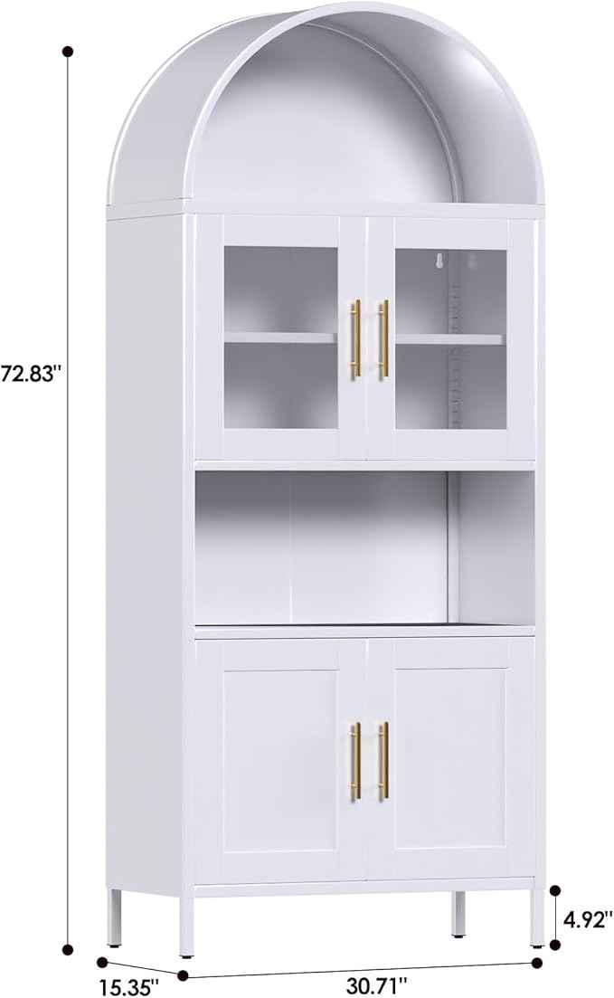 Metal Arched Pantry Cabinet with Glass Doors, Tall Arched Kitchen Pantry Cabinet for Kitchen Home Living Room,White,Required Assembly