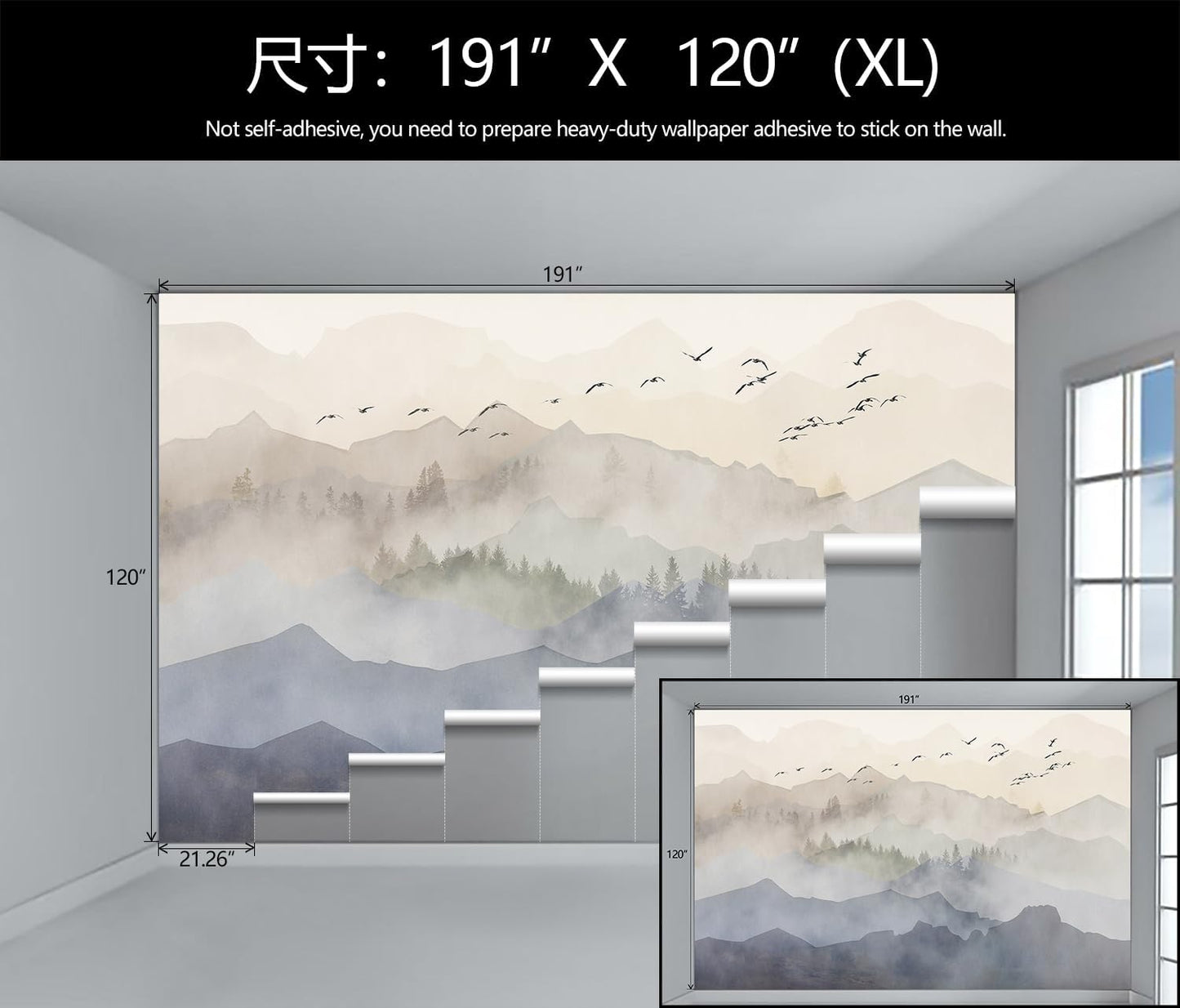 WFBHUA-Foggy Forest Mountain Wallpaper Mural Natural Woodland Landscape Wallpaper for Living Room Bedroom (Not Peel and Stick)