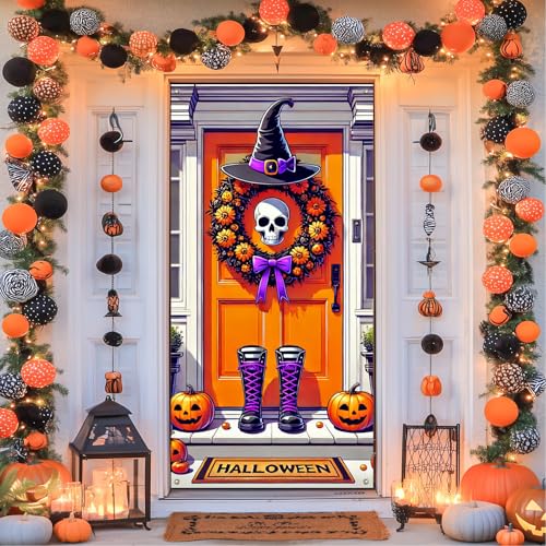 Halloween Door Cover Skull Witch Hat 35x71 Inch Polyester