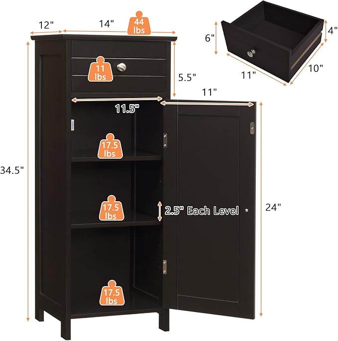 COSTWAY Bathroom Storage Cabinet, Single Door Floor Cabinet with Drawer and 3-Level Adjustable Shelves, Modern Side Storage Organizer with Anti-Tipping Device for Living Room, Bedroom (Brown)