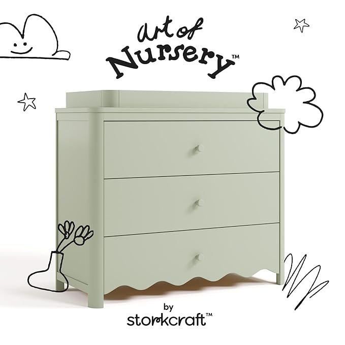 Storkcraft Casablanca 3 Drawer Chest with Removable Changing Topper (Sage) – GREENGUARD Gold Certified Wood Dresser for Baby & Kids, Interlocking Drawer System for Safety