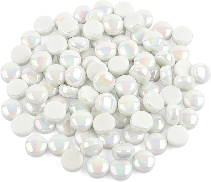 Artspac Glass Mosaic Tiles for Crafts Bulk,150g Round Mosaic Glass Pieces,Iridescent White Mosaic Tiles for DIY Garden Crafts Supplies, Crafts Ornaments