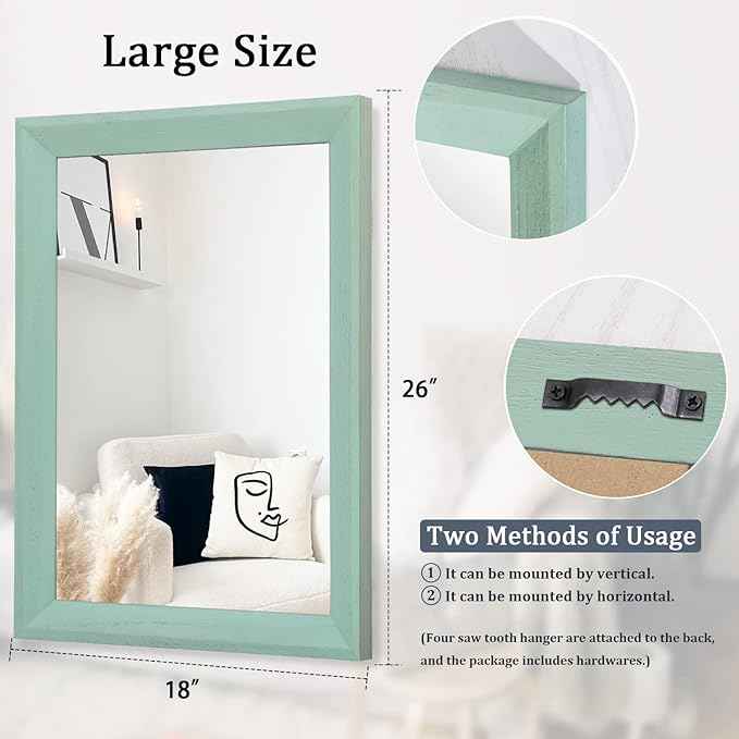 AAZZKANG Wood Framed Mirror Rectangle Modern Farmhouse Wall Mirrors Decor Large 26"x18" for Bedroom Living Room Bathroom Green