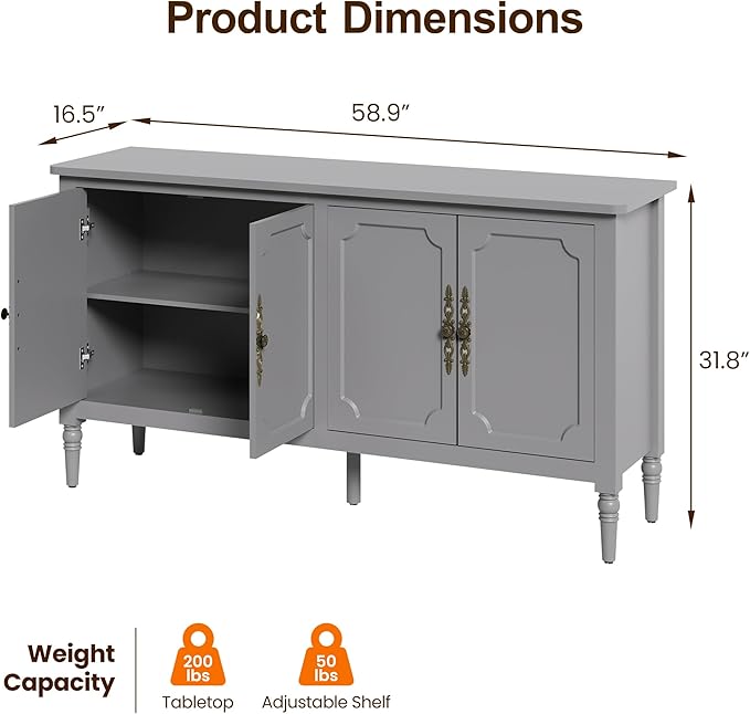 RoyalCraft 59" Buffet Cabinet with Storage, Vintage Sideboard with Adjustable Shelves & Carved Handle, Mid Century Modern Painted Credenza Coffee Bar for Kitchen, Dining Room, Dove Gray