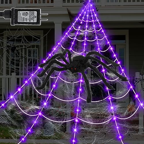 Spider Web Lights Halloween Decorations Outdoor (Black Spider, White Webs, Purple LED)
