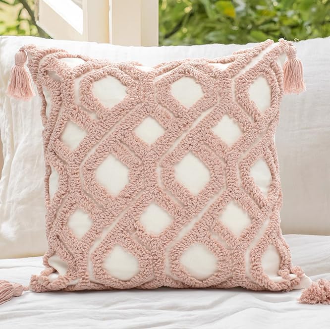 Boho Pillow Covers 18X18 Inch Boho Tufted Throw Pillow Covers Decorative Tassels Cushion Cover Farmhouse Pillow Case for Couch Sofa Bed Living Room Bedroom, Blush