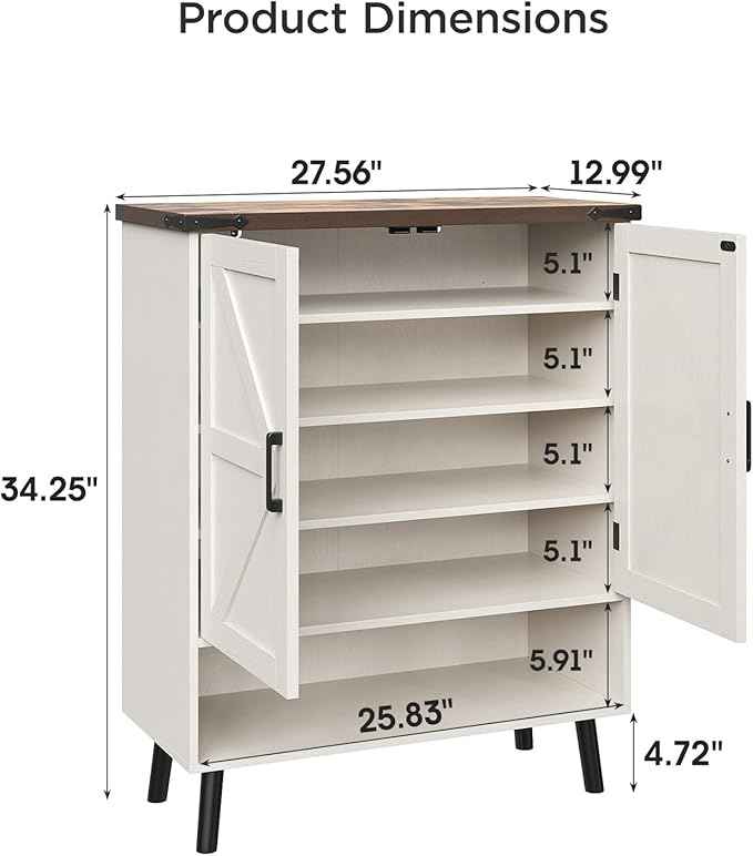 Vabches Farmhouse Shoe Storage Cabinet with Doors, 5 Tier Small Shoe Cabinet with Adjustable Shelves and Metal Legs, 34" Tall Shoe Rack Organizer for Entryway, Foyer, White