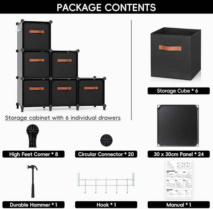Cube Storage Organizer with Storage Bins, 6-Cube Shelves Units with 6 Organizer Bins, DIY Plastic Storage Shelves with Mallet, Closet Clothes Storage Shelves for Home, Bedroom, Living Room