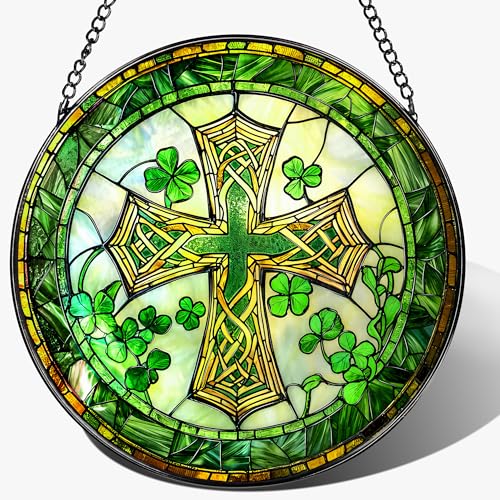 8'' St. Patrick's Day Cross Stained Glass Suncatcher Ornament