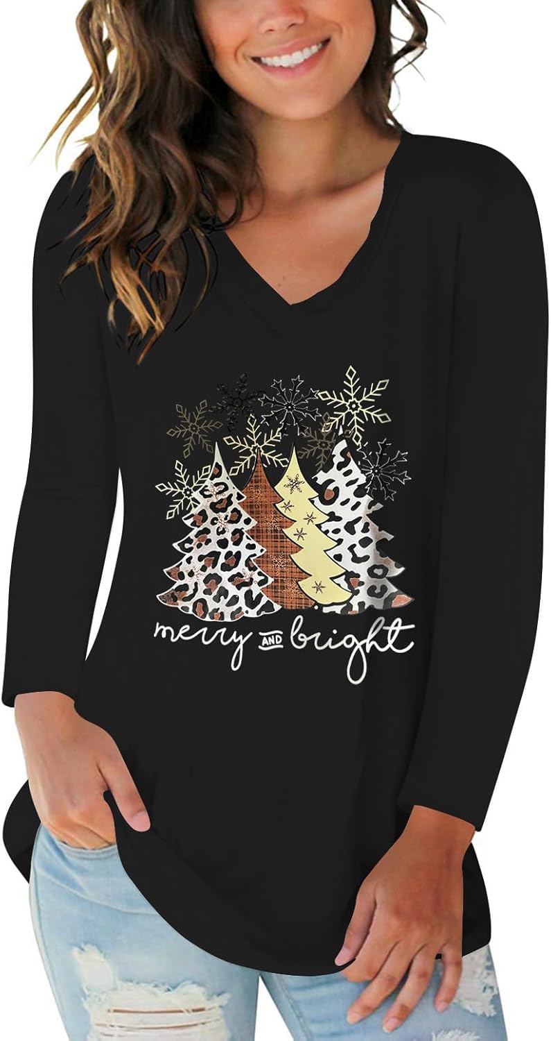 Tobrief Women's Long Sleeve V-Neck Shirts Fall Graphic Tees Loose Casual T-Shirt