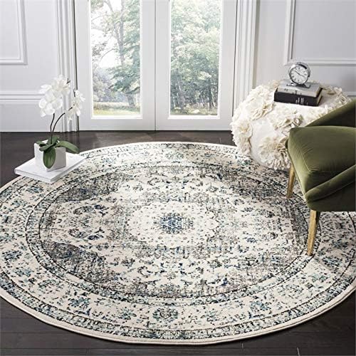 SAFAVIEH Evoke Collection Area Rug - 4' Round, Ivory & Grey, Shabby Chic Oriental Medallion Design, Non-Shedding & Easy to Clean, Ideal for Living Room, Bedroom, Dining Space (EVK220D)