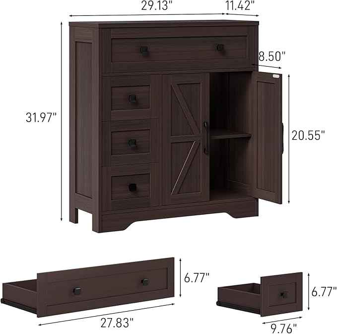 Vabches Farmhouse Storage Cabinet with 2 Doors and 4 Drawers, Freestanding Bathroom Storage Cabinet Kitchen Pantry, Floor Cupboard for Living Room/Bathroom/Kitchen,Espresso