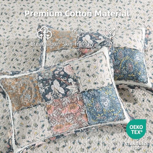 3 Piece Quilt Set Queen Size Quilted Bedspread Reversible Country Style Blue Floral Paisley Real Patchwork Bedding Quilt Set with Ruffles with Pillowcases for All Seasons