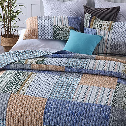Cotton Bedspread Quilt Sets 3 Pieces Reversible Coverlet Sets Comforters Blue Bohemian Paisley Patchwork Bedspread (3 Count)