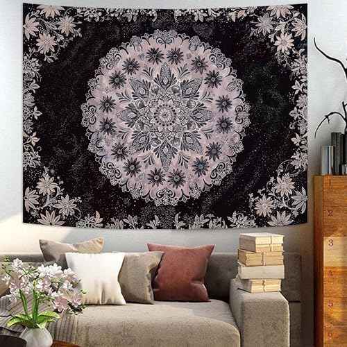 Boho Floral Mandala Tapestry Wall Hanging Grey Bohemian Flower Medallion Tapestry Aesthetic Gray Black Hippie Indian Small Tapestries for Bedroom Living Room Dorm Decor 48 x 36 Inch