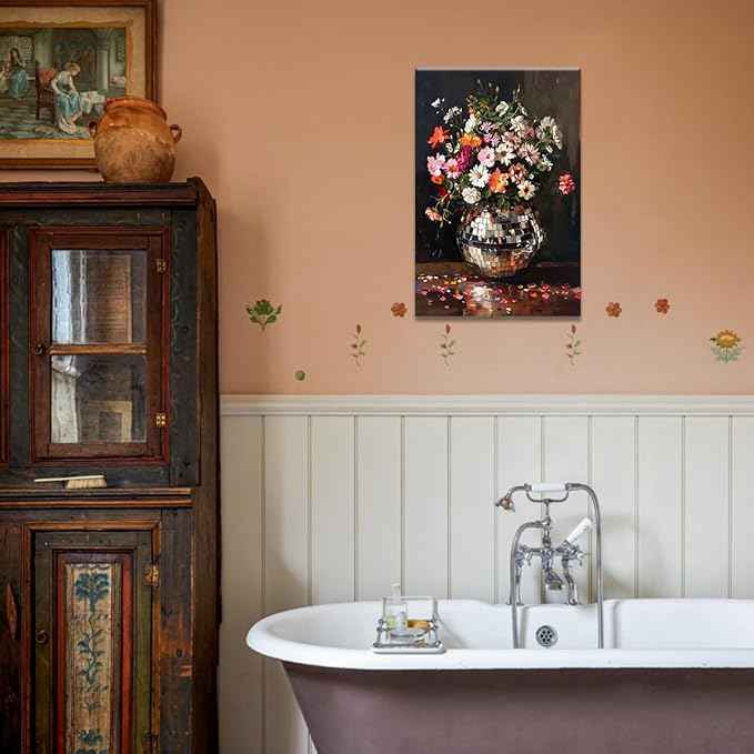 Colorful Moody Florals Disco Ball Canvas Wall Art, Maximalist Funky Wildflowers Bouquet Disco Ball Poster, Retro Cottagecore Flower Prints Paiting, Vintage Eclectic Wall Decor 16X24in Framed