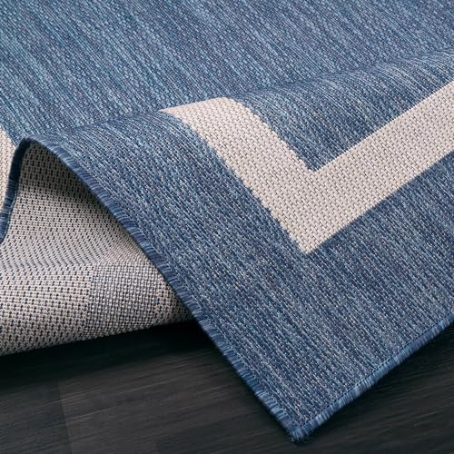 Bordered Outdoor Rug 10x14 Washable Outside Carpet for Indoor Patio Porch Waterproof Easy Cleaning Non Shedding Area Rugs Blue 10 x 14