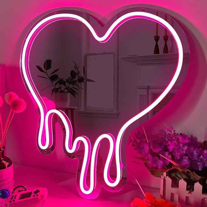 Melting Heart Neon Acrylic Mirror Sign with LED Light - Pink Neon Signs for Wall Decor Shatterproof, Rustproof, Lightweight, Adjustable Brightness Superior Aesthetic Appeal Neon Light Mirror
