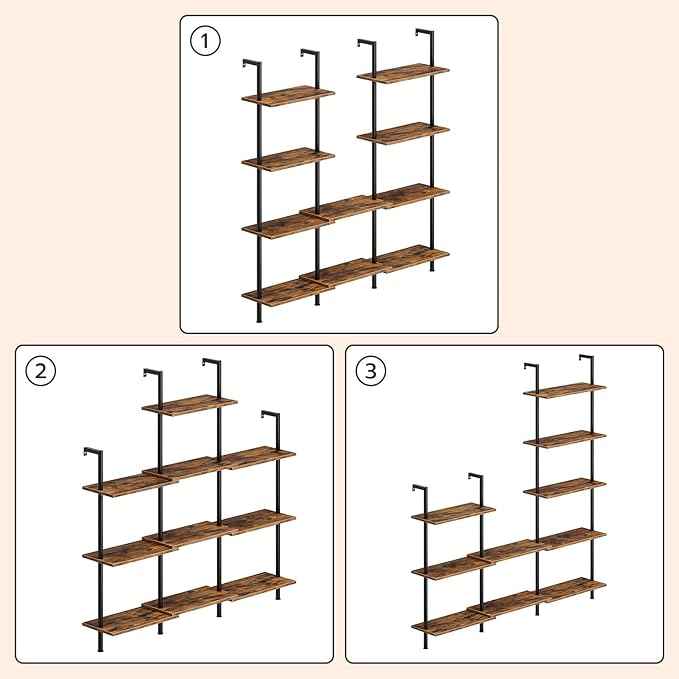 HOOBRO DIY Ladder Shelf, 5-Tier Wooden Wall Mounted Bookshelf, Narrow Bookcase, Display Shelf, Storage Rack, Plant Stand, for Living Room, Bedroom, Study, Balcony, Rustic Brown and Black BF531CJ01