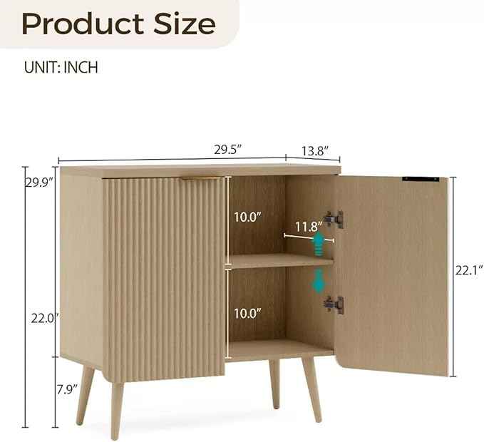 29.5" Modern Fluted Sideboard Cabinet with 2 Doors, Wood Storage Credenza with Shelves, Multi-Purpose Buffet Cabinet for Entryway, Dining & Living Room, Natural Wood