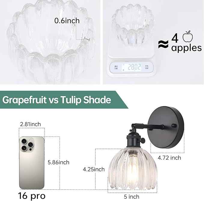 Vintage Wall Sconce with Transparent Tulip Glass Lampshade 180 Degree Adjustable Black Sconce Hradwired Modern Wall Lighting Fixture with Switch for Bedside Bedroom Doorway