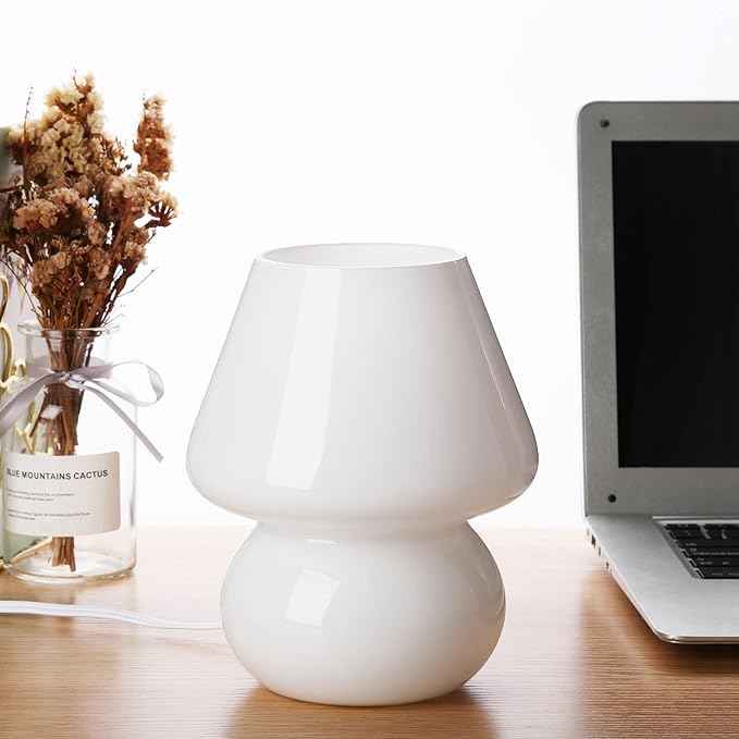 Mushroom lamp,Glass Mushroom Bedside Table Lamp Translucent Murano Vintage Style Striped Small Nightstand Desklamp Swirl Light for Home Decor, Dining, Living, Bedroom, Gift (Matte White)