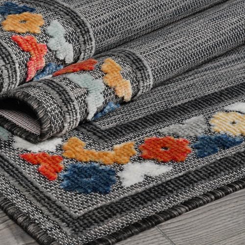 Outdoor Runner Rug 2x7 Modern Floral Bordered Area Rugs for Indoor and Outdoor Patio Easy to Clean Non Shedding Living Room Porch Garden Washable Outside Carpet (14.0625 Sq Ft)