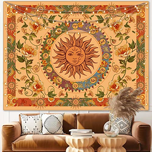 Yellow Sun and Moon Tapestry Hippie Indie Tapestries Boho Orange Flower Floral Tapestry Wall Hanging Cool Vintage Aesthetic Wall Tapestry for Bedroom Living Room Dorm