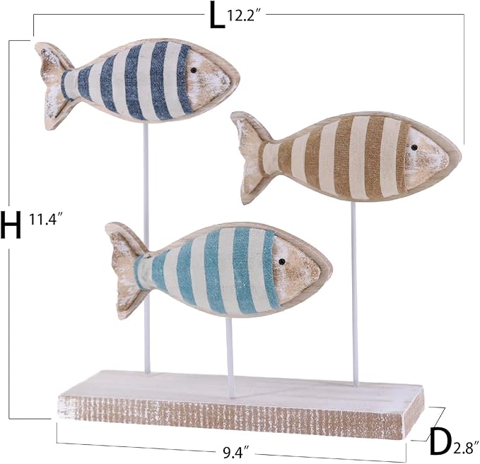 Wooden Fish Figurines with Jute Rope and Cotton String, Fish Sculpture Statues for Home Decoration, Table Top Nautical Decor for Living Room, Bedroom, Beachhouse Home Decor (StripedFish-3)