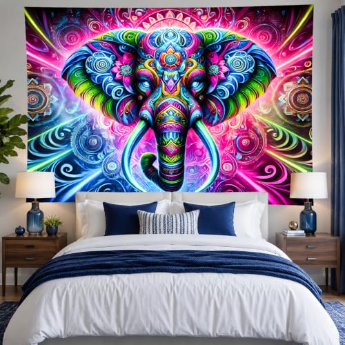 Blacklight Tapestry Elephant Mandala Wall Art 78 x 59 Inch