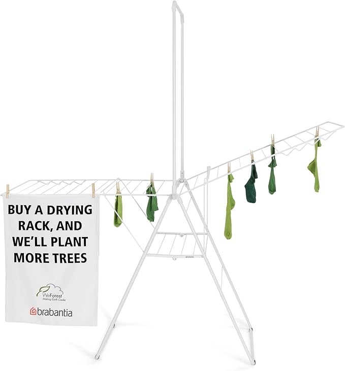 Brabantia HangOn Clothes Drying Rack with Garment Rail | 82ft (25m) | White | Large Indoor Clothes Airer Laundry Stand with 2 Fold-Out Wings & Hanger Hooks, Folds Flat | Fits 3 Full Loads
