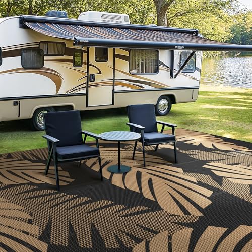 Outdoor Rug Waterproof Plastic Rugs 10'x14' for Camping Black Brown (140 Sq Ft)