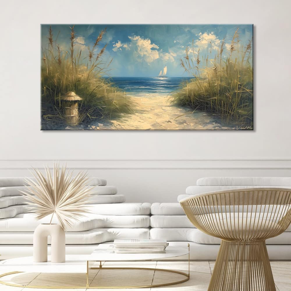 LASMOND Beautiful White Sandy Beach by Seaside Landscape Wall Art Decor Artwork for Bedroom Living Room (58x28Inches)